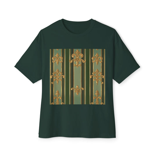 Elegant Vintage-Inspired Boxy Tee, Relaxed Fit Graphic T-Shirt, Floral Design Top, Perfect for Casual Outings - Green Striped Gold Baroque