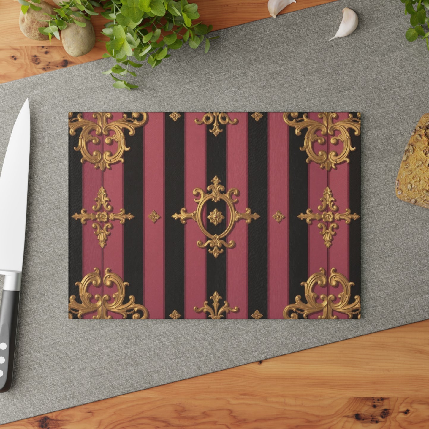 Elegant Black & Mauve Striped Gold Baroque Glass Cutting Board, Gift for Home Cooks, Unique Wedding Present, Stylish Food Prep Surface
