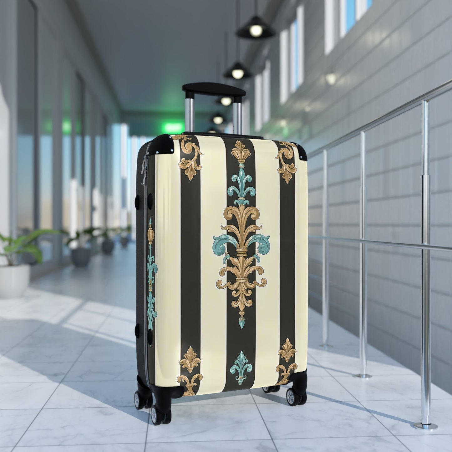 Chic Travel Suitcase | Vintage Floral Design, Luggage Bag, Stylish Carry-On, Travel Gear, Vacation Essentials - Black Striped Turquoise & Black Rococo