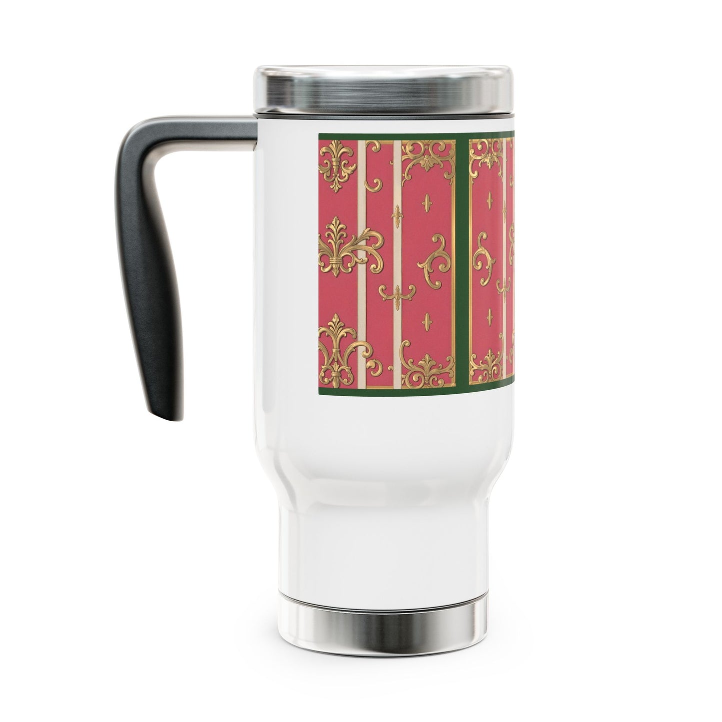 Elegant Green Border Pink Striped Baroque Travel Mug with Handle, 14oz Stainless Steel Coffee Cup, Glamorous Gift for Holidays