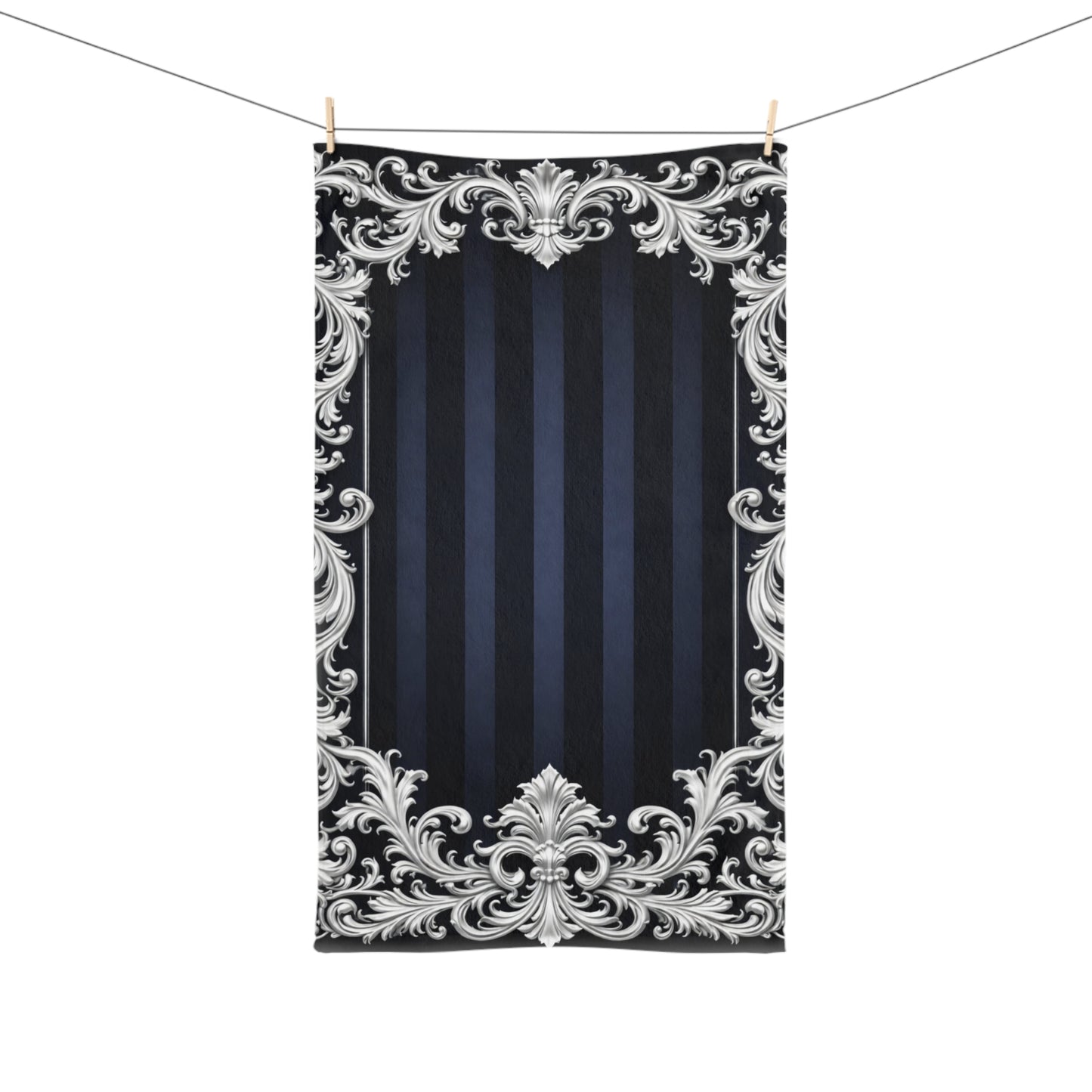 Navy Stripes & Baroque Hand Towel — Navy Ornate Decorative Towel