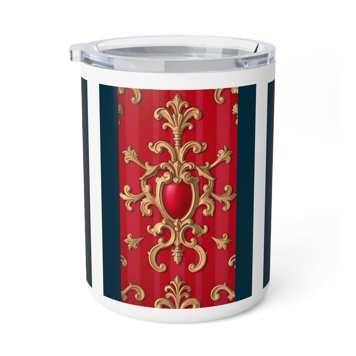 Ornate Insulated Coffee Mug - Elegant Retro Design for Home, Office or Gifts, Tea Lover, Holiday Mugs - Blue, Red & White Striped Baroque