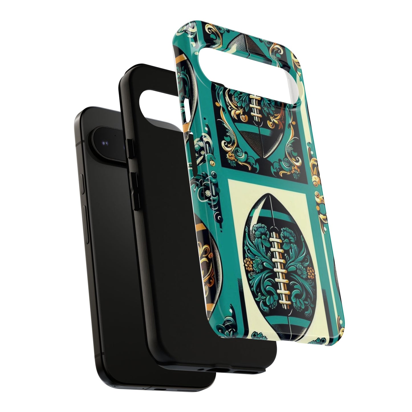 Elegant Floral Motif Phone Case - Tough Cases with Vintage Design -  Damask Teal, Gold & Black Footballs