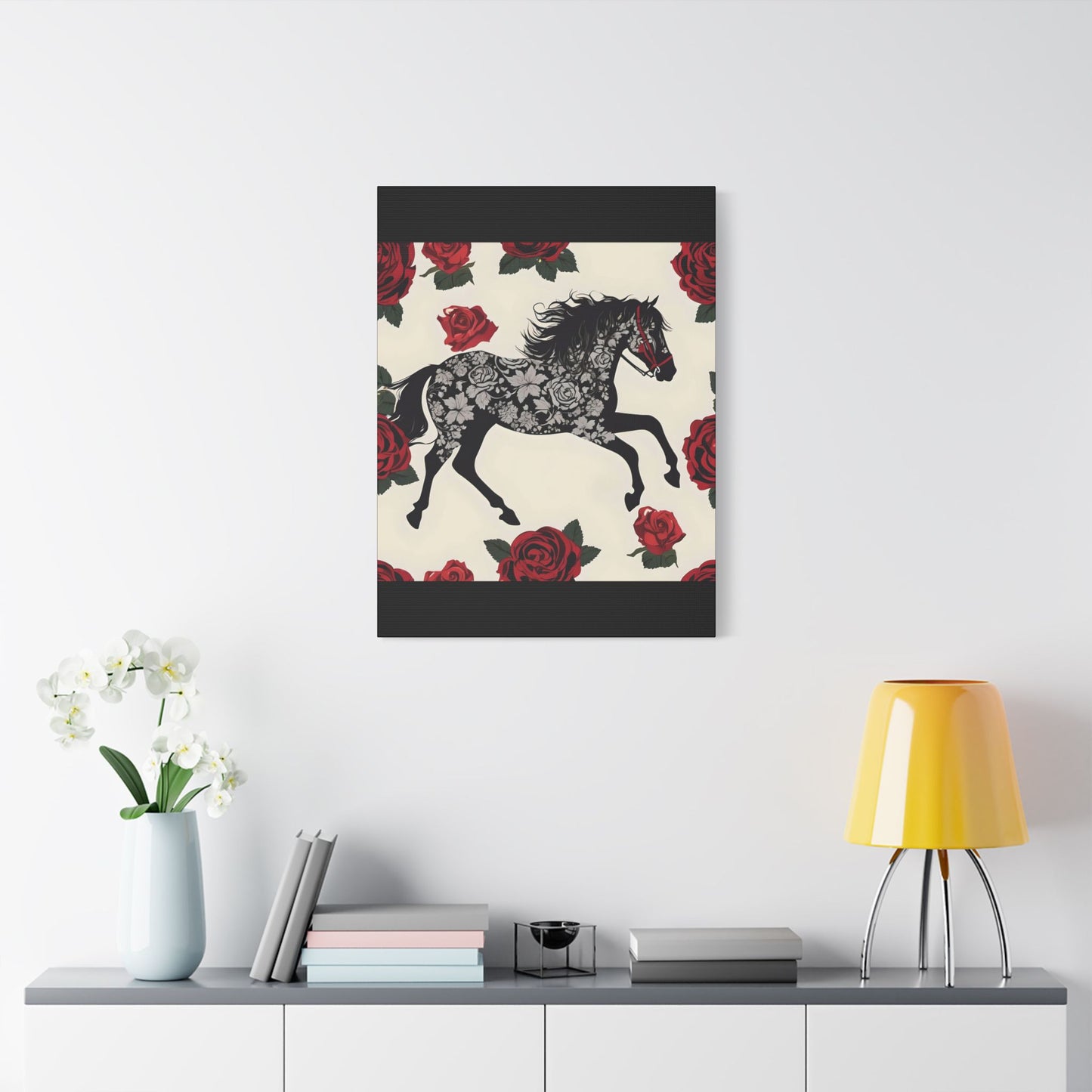 Art Print Canvas, Wall Decor, Satin Stretched Canvas, Equestrian Art, Office Decor, Home Decor - Horse & Roses