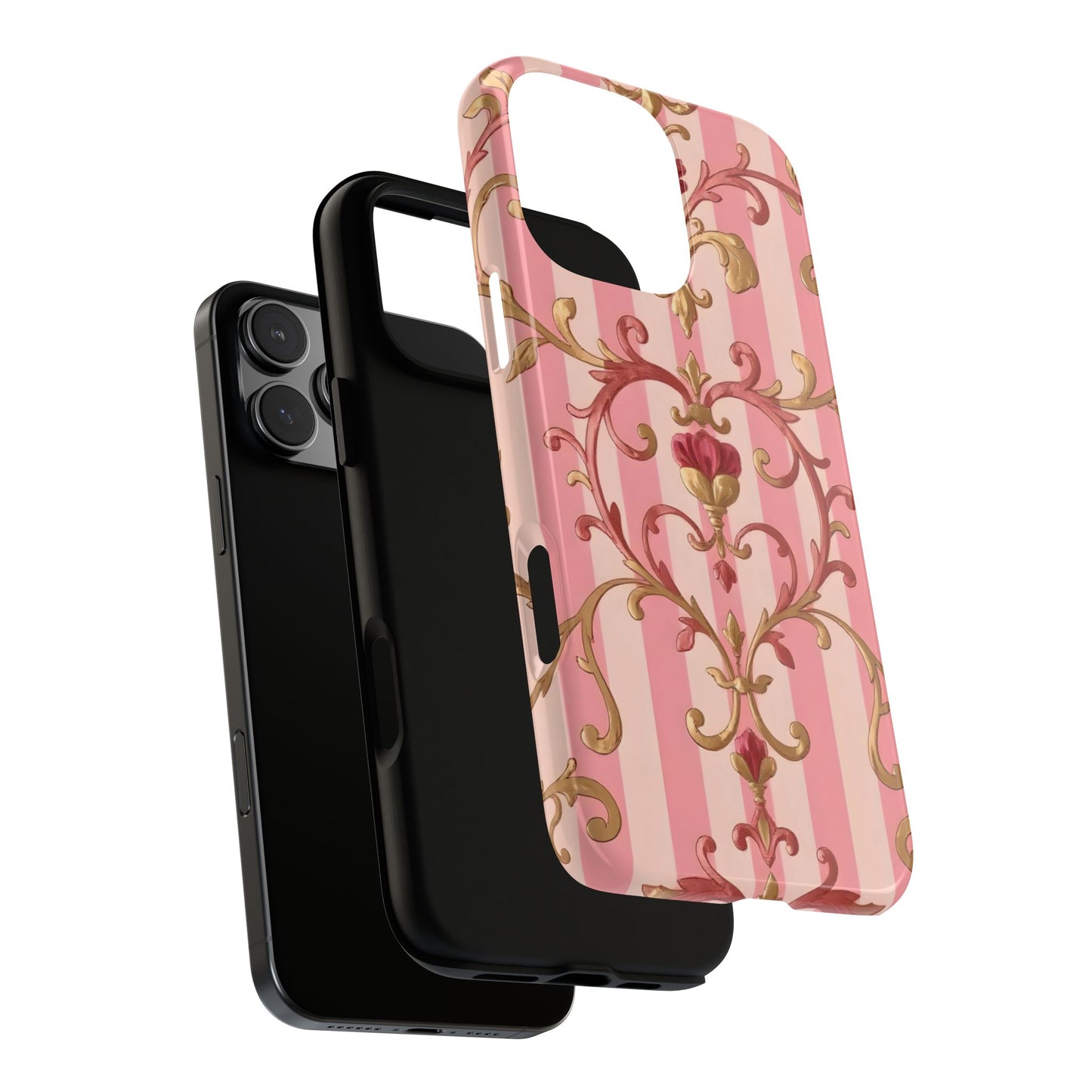 Elegant Floral Motif Phone Case - Tough Cases with Vintage Design - Pink Striped Rose Gold Damask