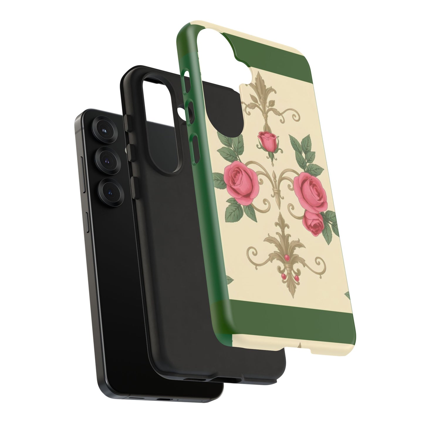 Elegant Floral Motif Phone Case - Tough Cases with Vintage Design - Green Border Roses & Damask