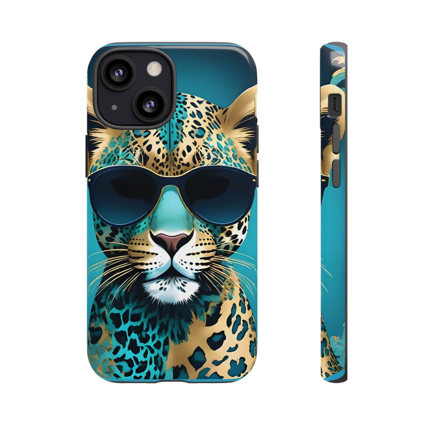 Phone Case - Aqua & Gold Leopard In Sunglasses Design
