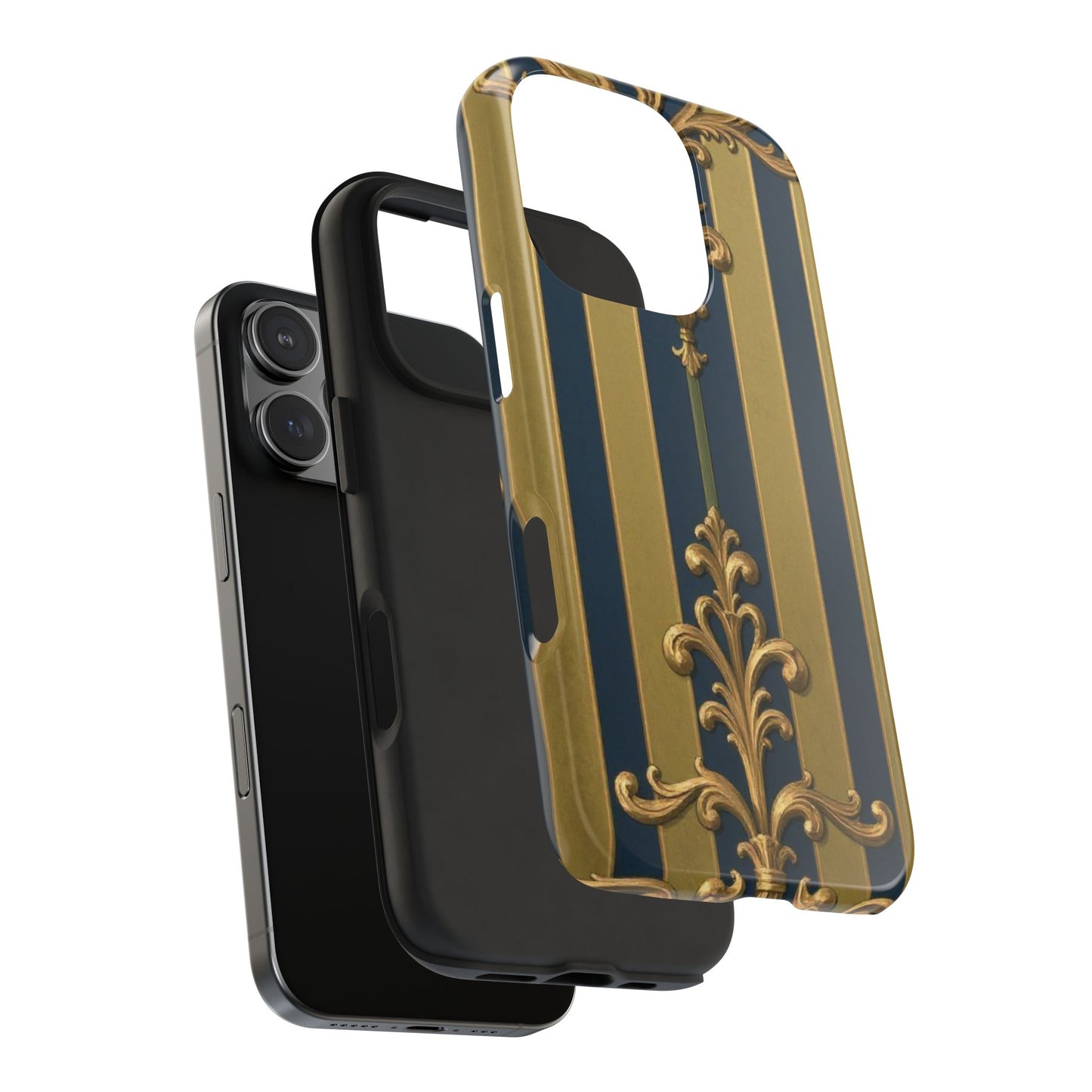 Elegant Midnight Blue & Olive Striped Gold Baroque Tough Phone Case, Phone Cover, Durable Case for Protection, Stylish Gift for Him/Her