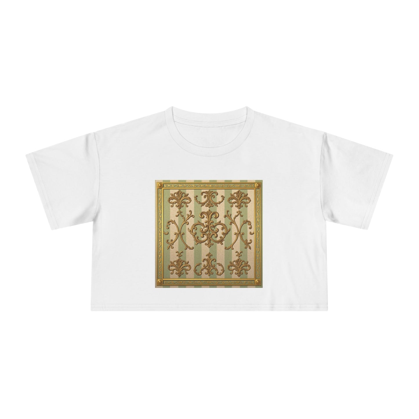 Stylish Women's Crop Tee with Elegant Print, Summer Fashion Top, Casual Chic Shirt, Gift for Her, Trendy Outfit - Mint & Beige Striped Gold Baroque