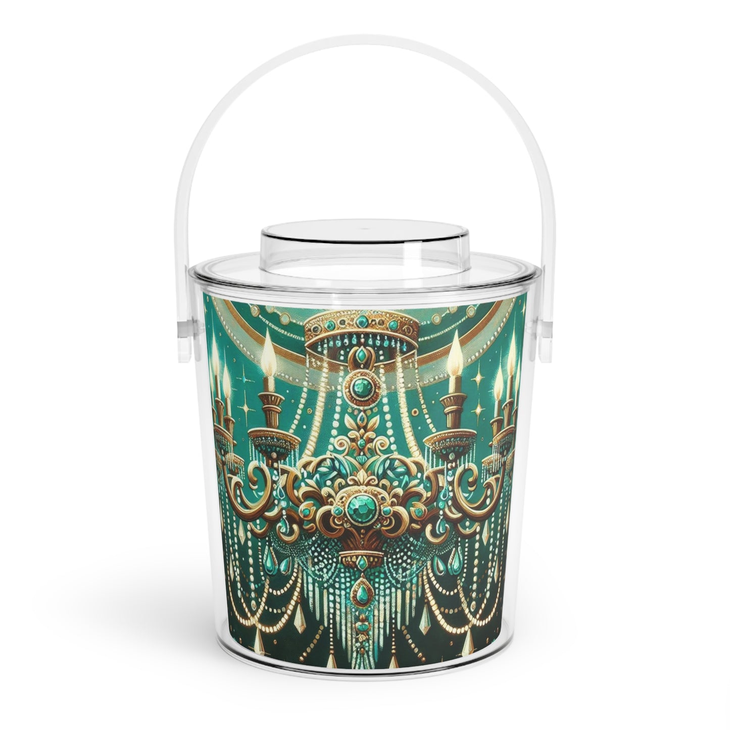 Ice Bucket with Tongs - Green & Gold Jeweled Chandelier