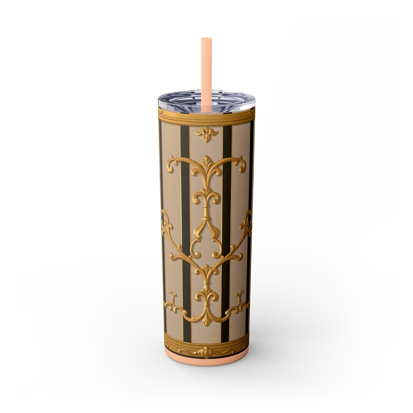 Skinny Tumbler with Straw, 20oz - Beige Striped Gold Rococo
