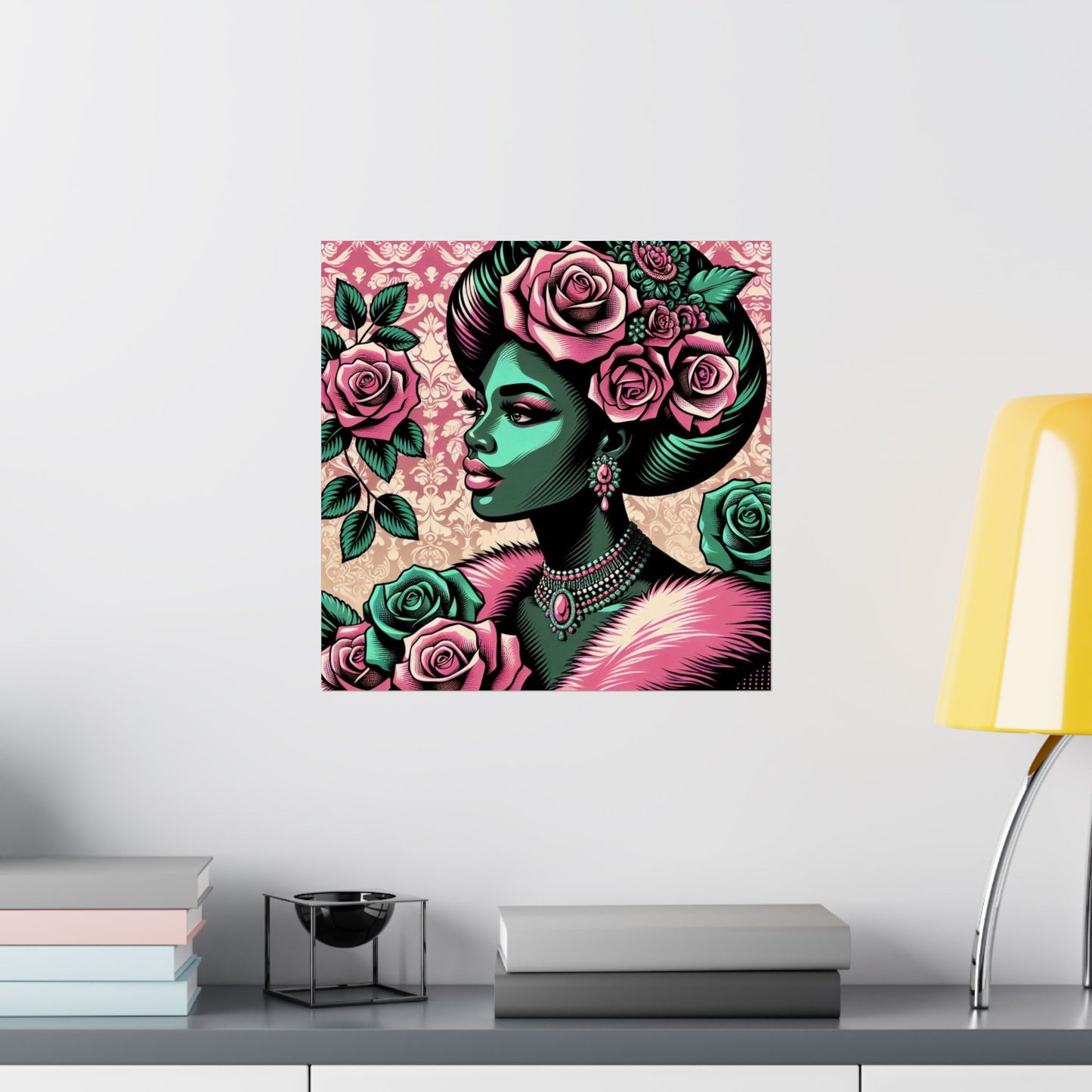 Floral Afro Art Poster - Elegant Matte Vertical Wall Decor - Emerald Green Lady With Damask & Roses
