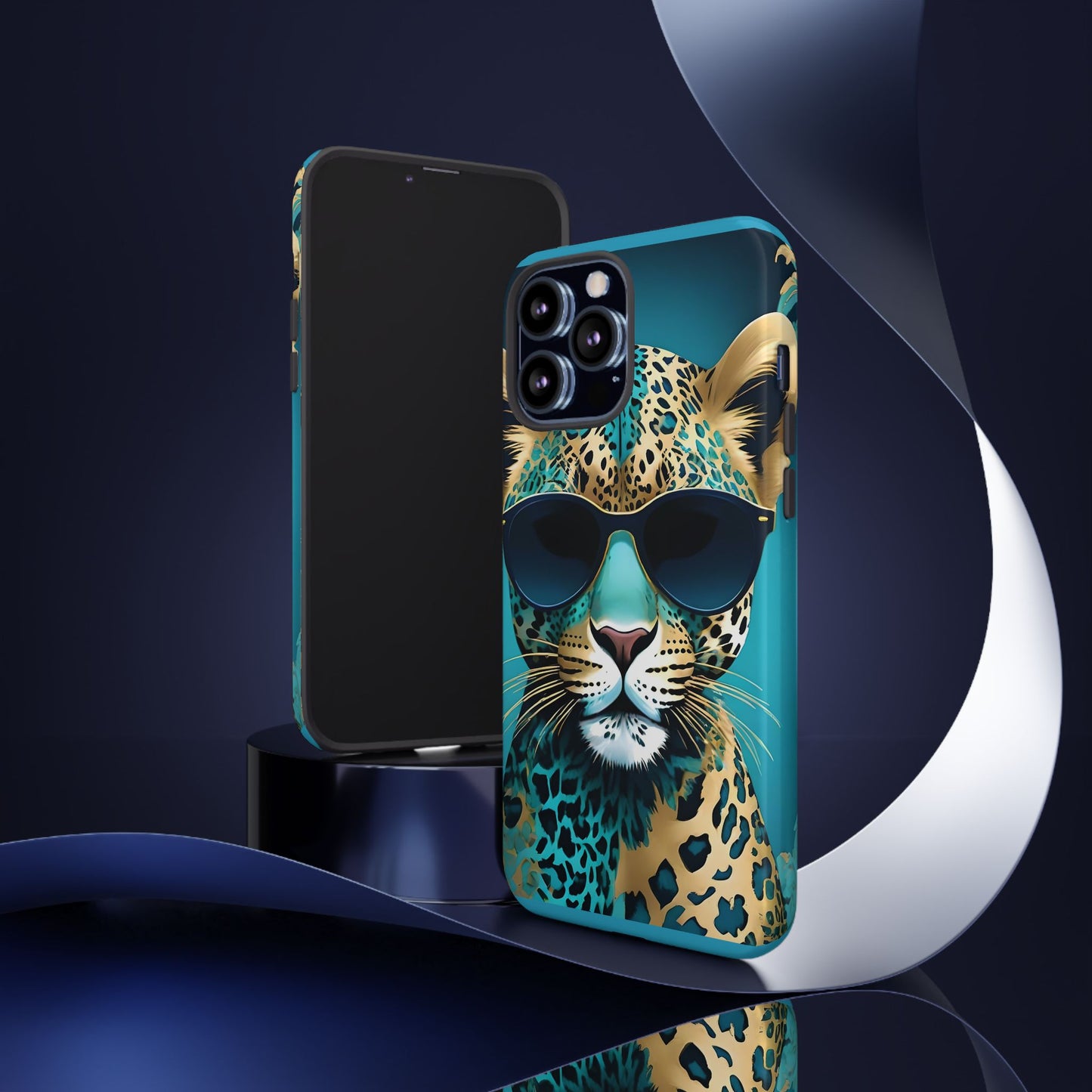 Phone Case - Aqua & Gold Leopard In Sunglasses Design