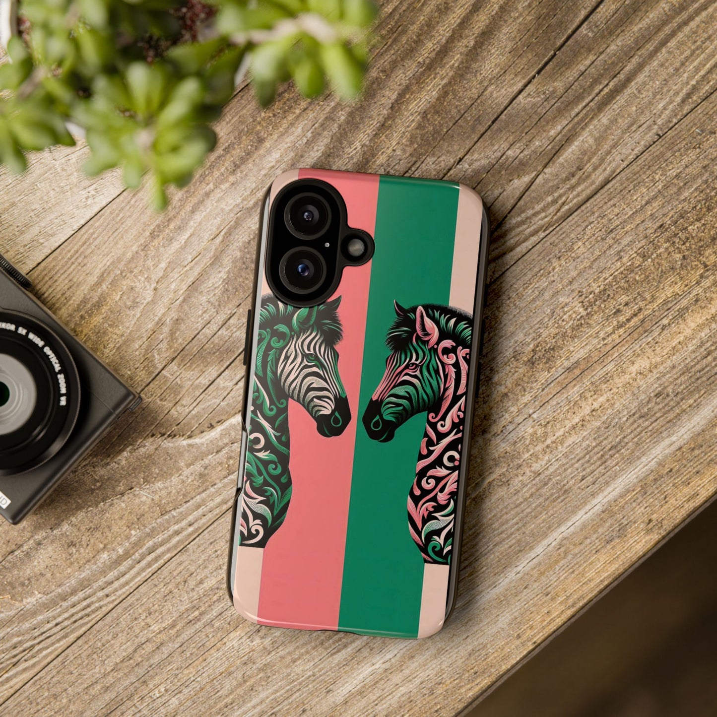Phone Case - Elegant Pink & Green Zebra Damask Design