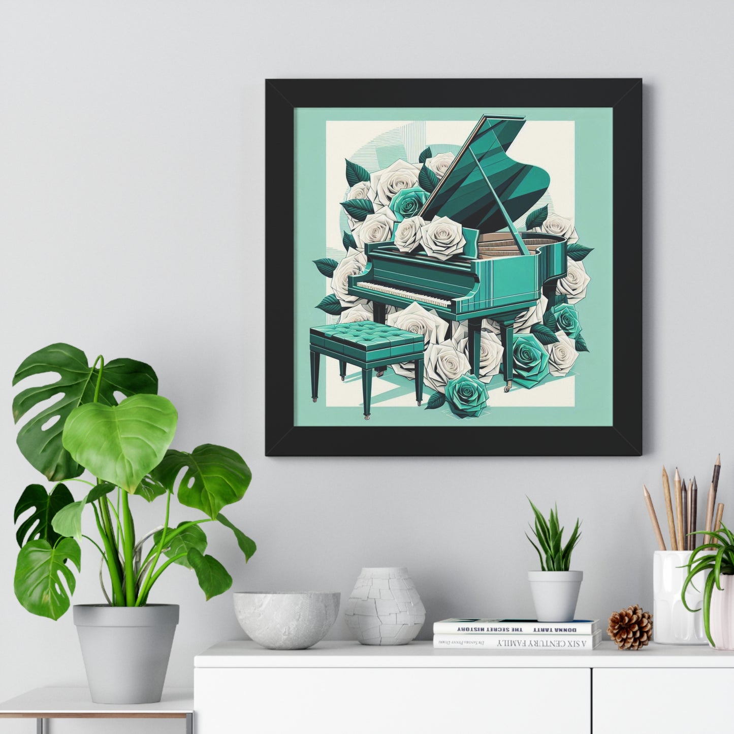 Vertical Poster - Aqua Grand Piano & Roses Wall Art