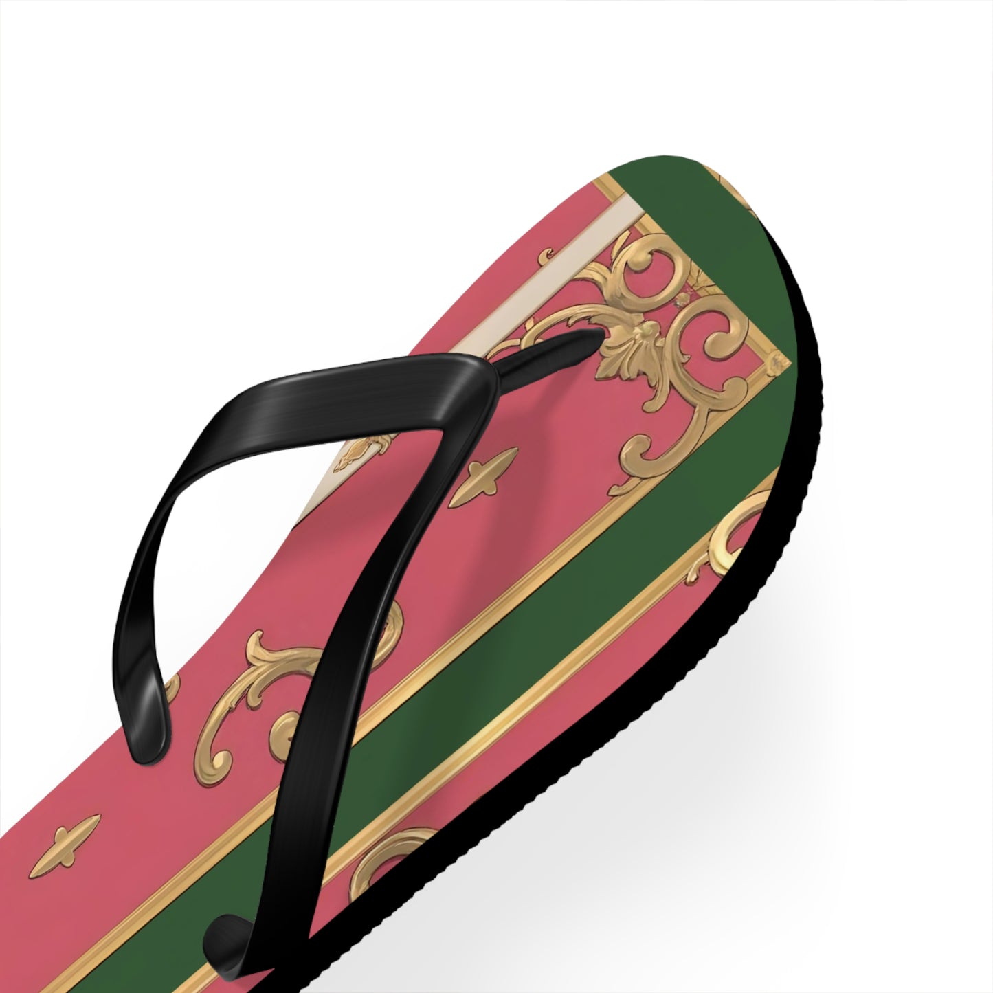 Elegant Green Border Pink Striped Baroque Flip Flops, Summer Footwear, Vacation Sandals, Beach Accessories, Stylish Thong Slippers