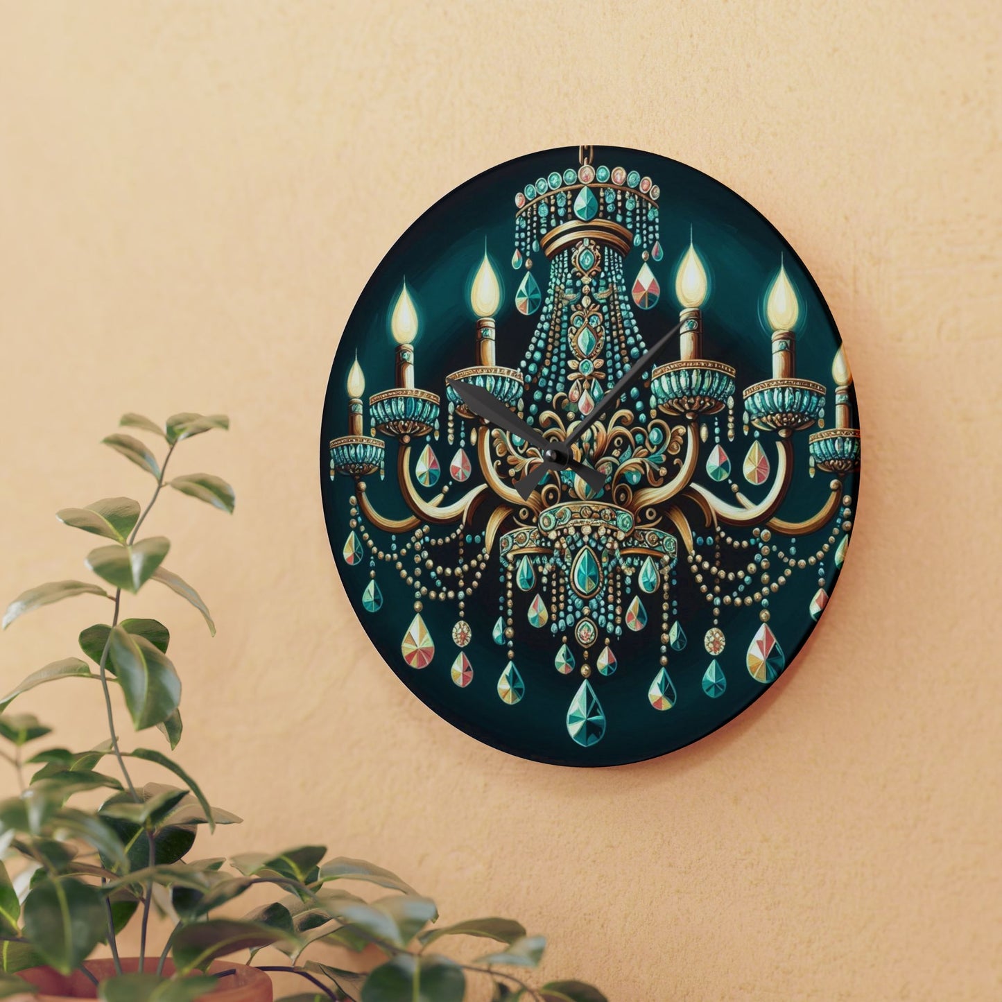 Acrylic Wall Clock - Teal Jeweled Chandelier