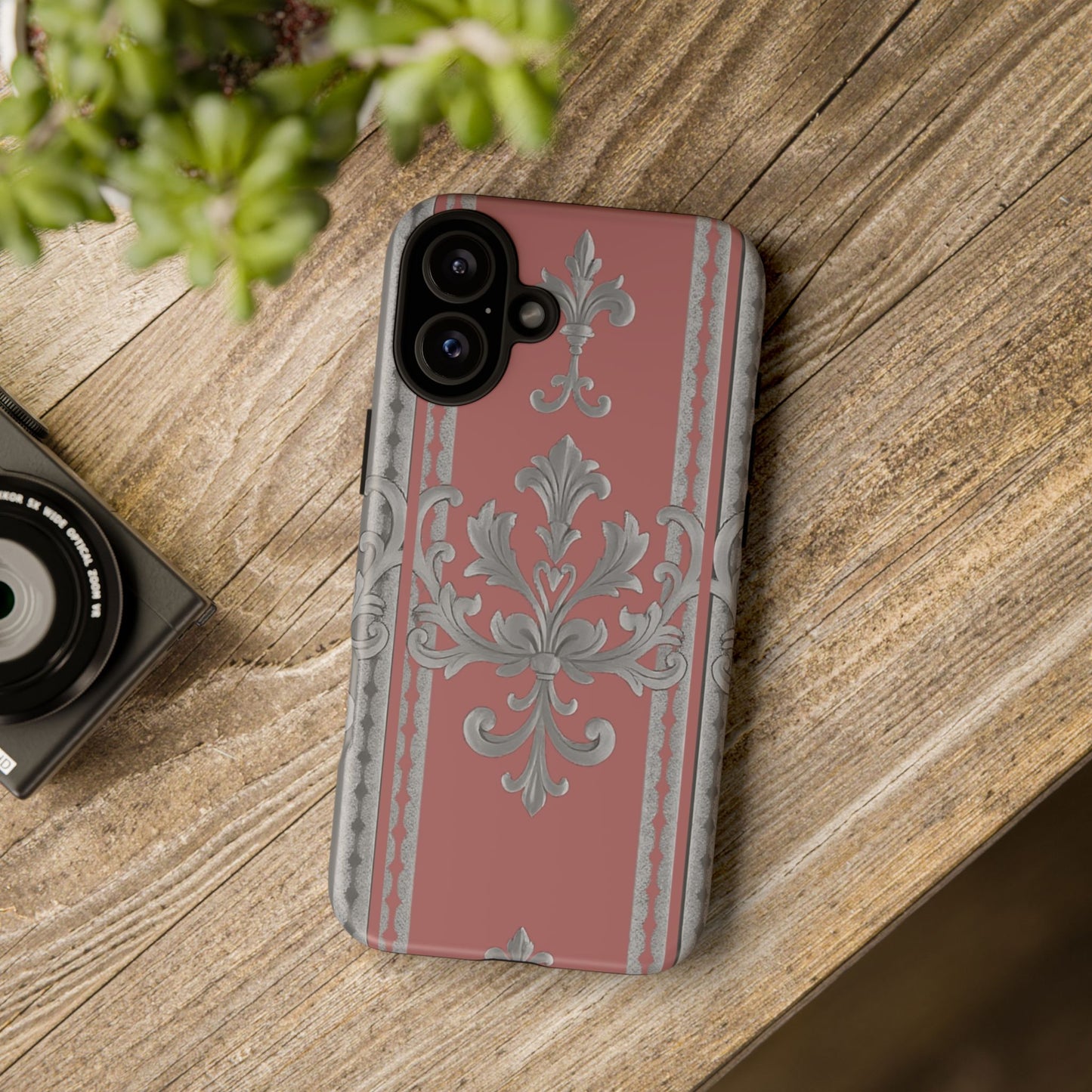Elegant Floral Phone Case - Tough Cases for Stylish Protection - Gray & Mauve Striped Baroque