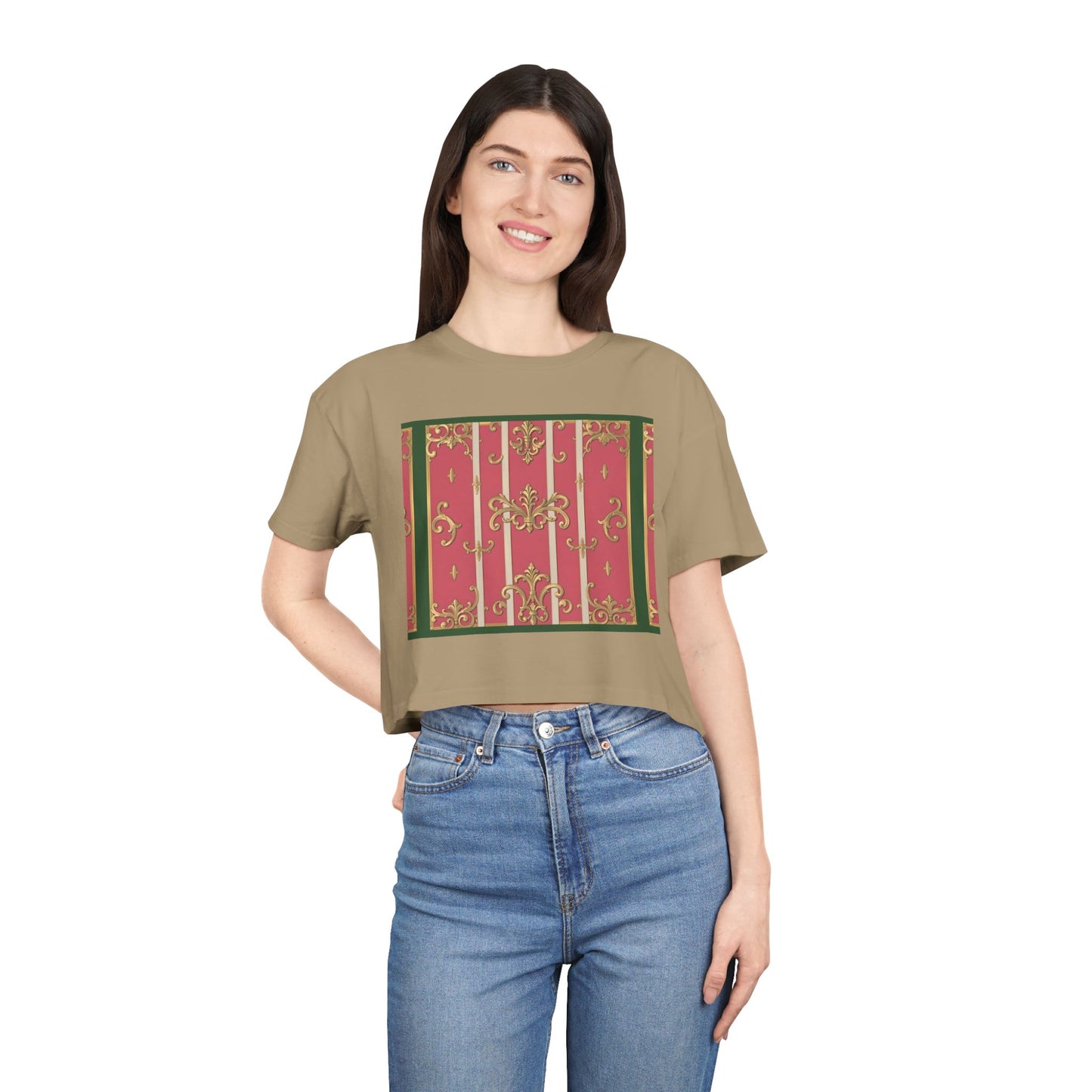 Chic Green Border Pink Striped Baroque Women's Crop Tee - Vintage Style Shirt for Casual Outings, Holidays, Gift Ideas, Spring Fashion, Trendy Top
