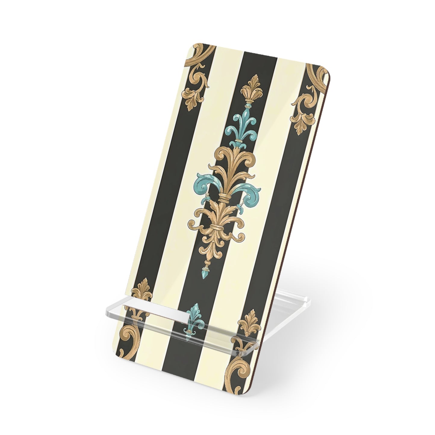 Elegant Smartphone Stand, Artistic Phone Holder, Stylish Desk Accessory, Modern Decor - Black Striped Turquoise & Black Rococo
