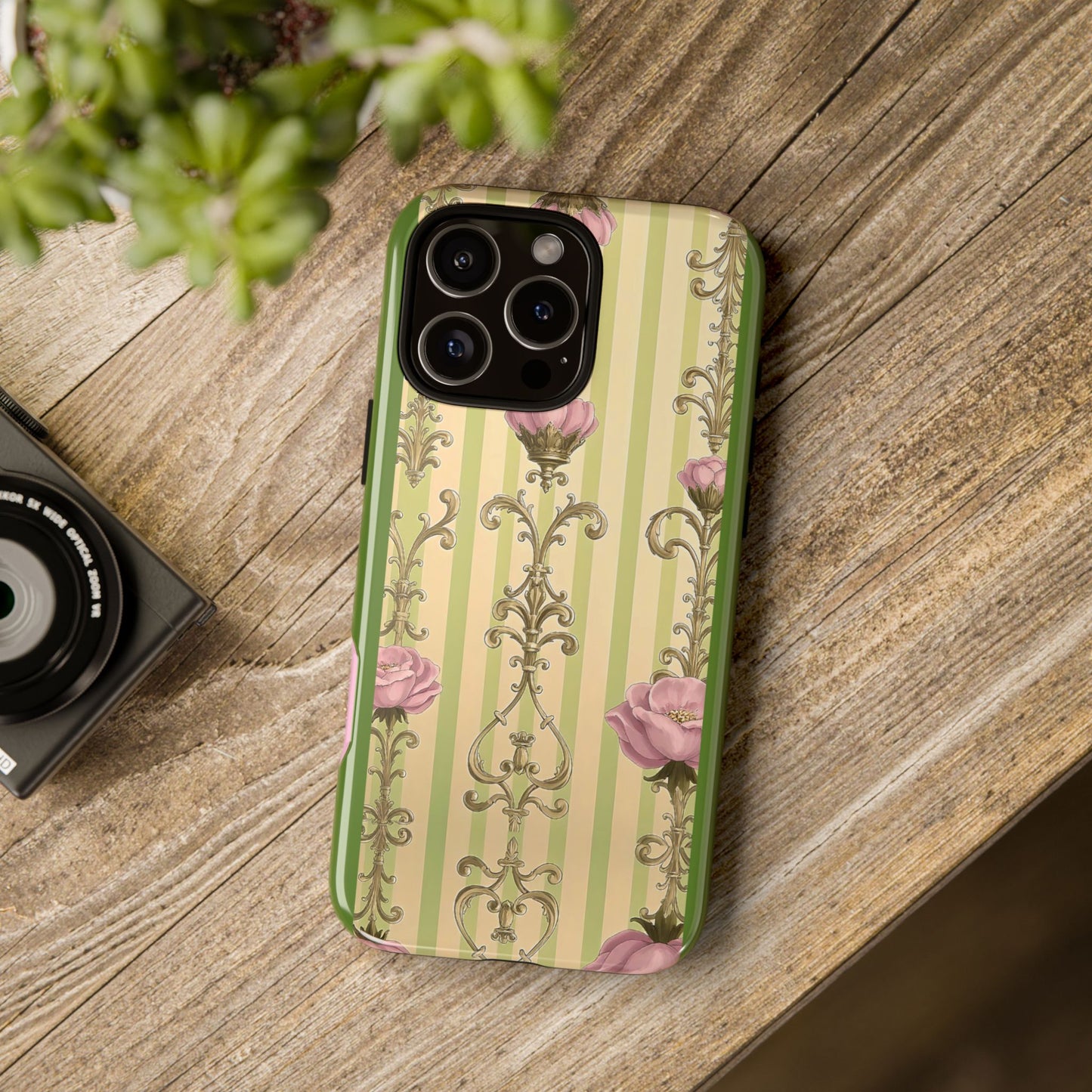 Elegant Floral Motif Phone Case - Tough Cases with Vintage Design - Lime Green & Pink Striped Damask