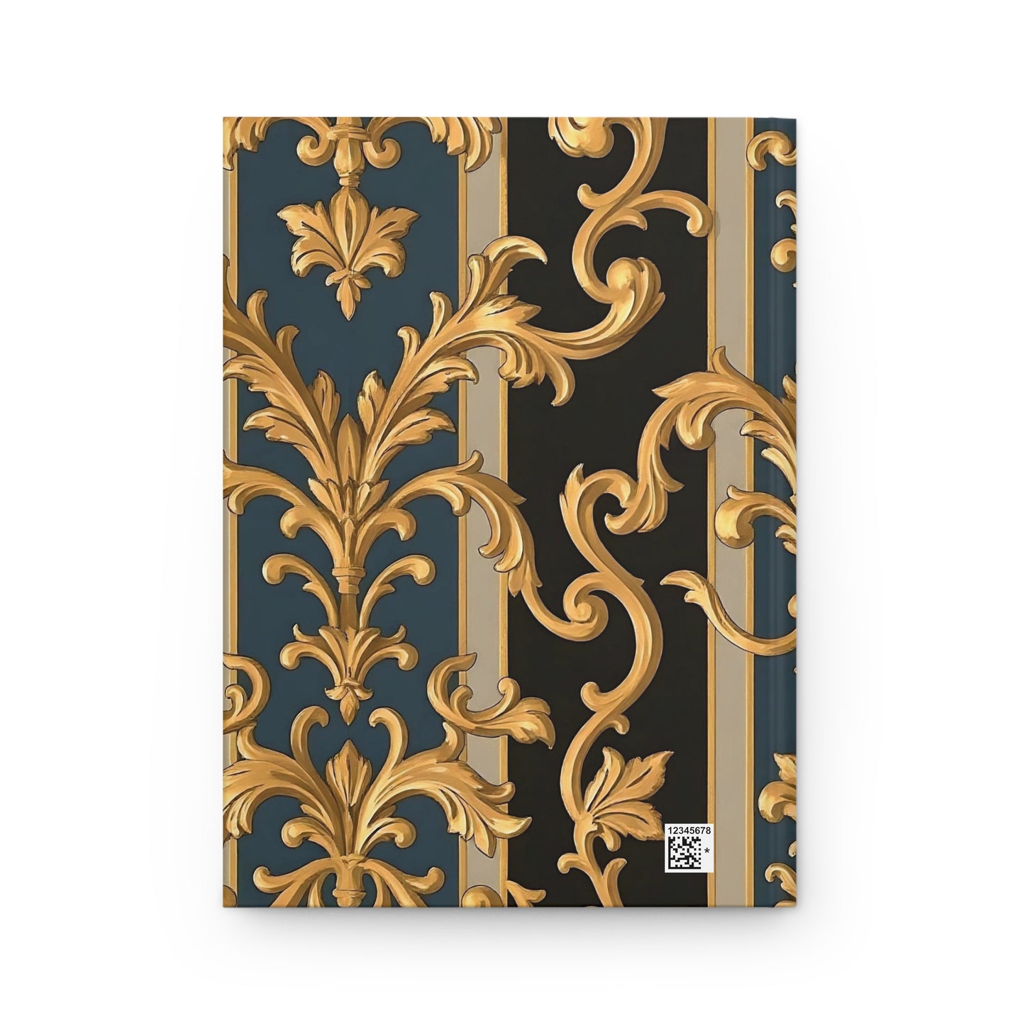 Elegant Gold Floral Hardcover Journal - Premium Notebook, Luxury Diary, Gift for Writers, Art Enthusiasts - Blue & Black Striped Rococo