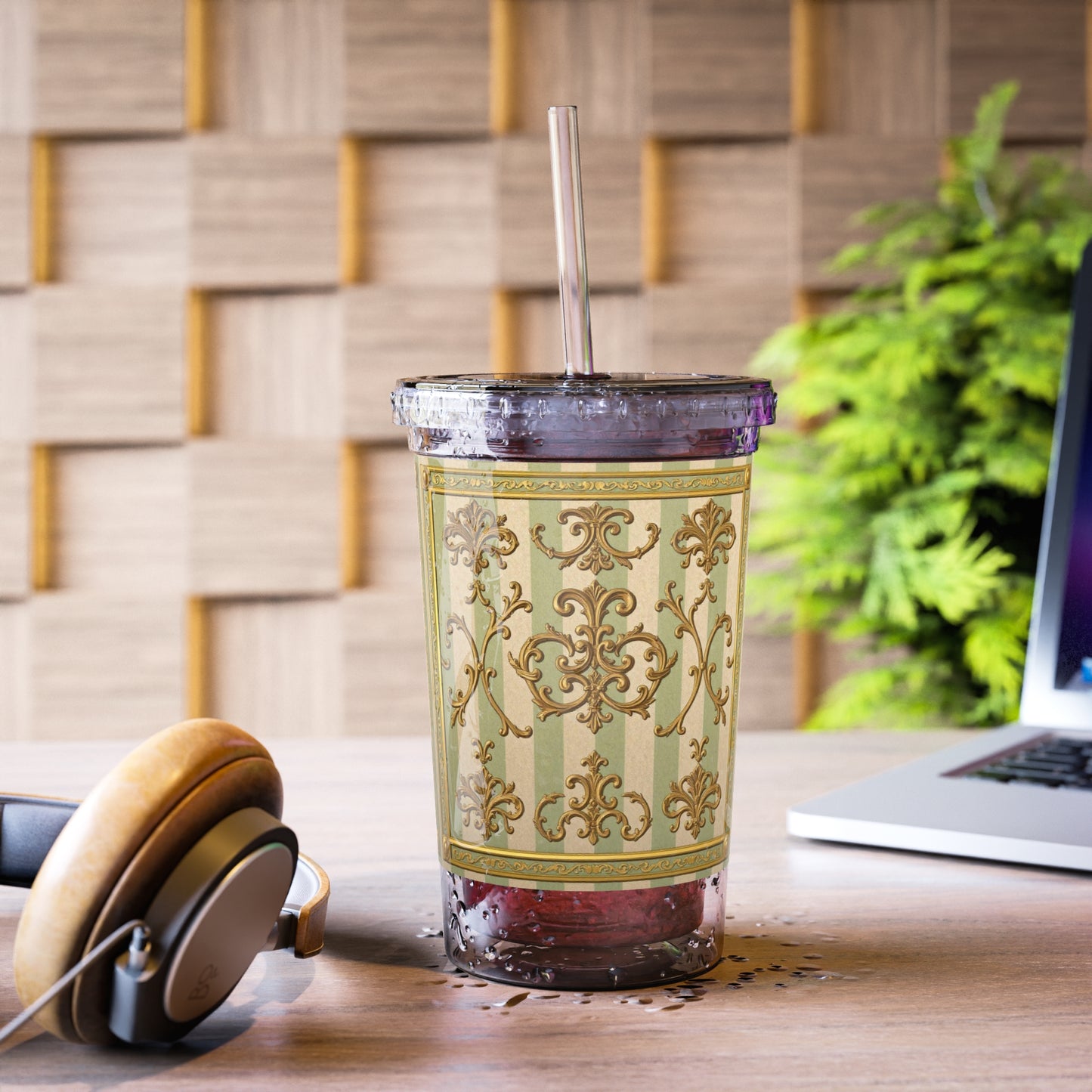 Suave Acrylic Travel Cup, Elegant Drink Tumbler for Coffee, Tea or Juice, Unique Gift for Her - Mint Green & Beige Striped Gold Baroque