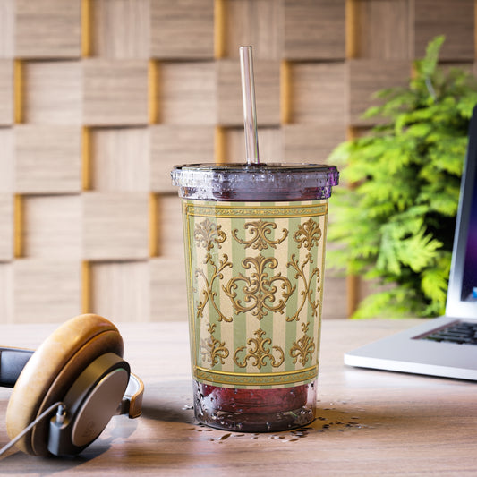 Suave Acrylic Travel Cup, Elegant Drink Tumbler for Coffee, Tea or Juice, Unique Gift for Her - Mint Green & Beige Striped Gold Baroque