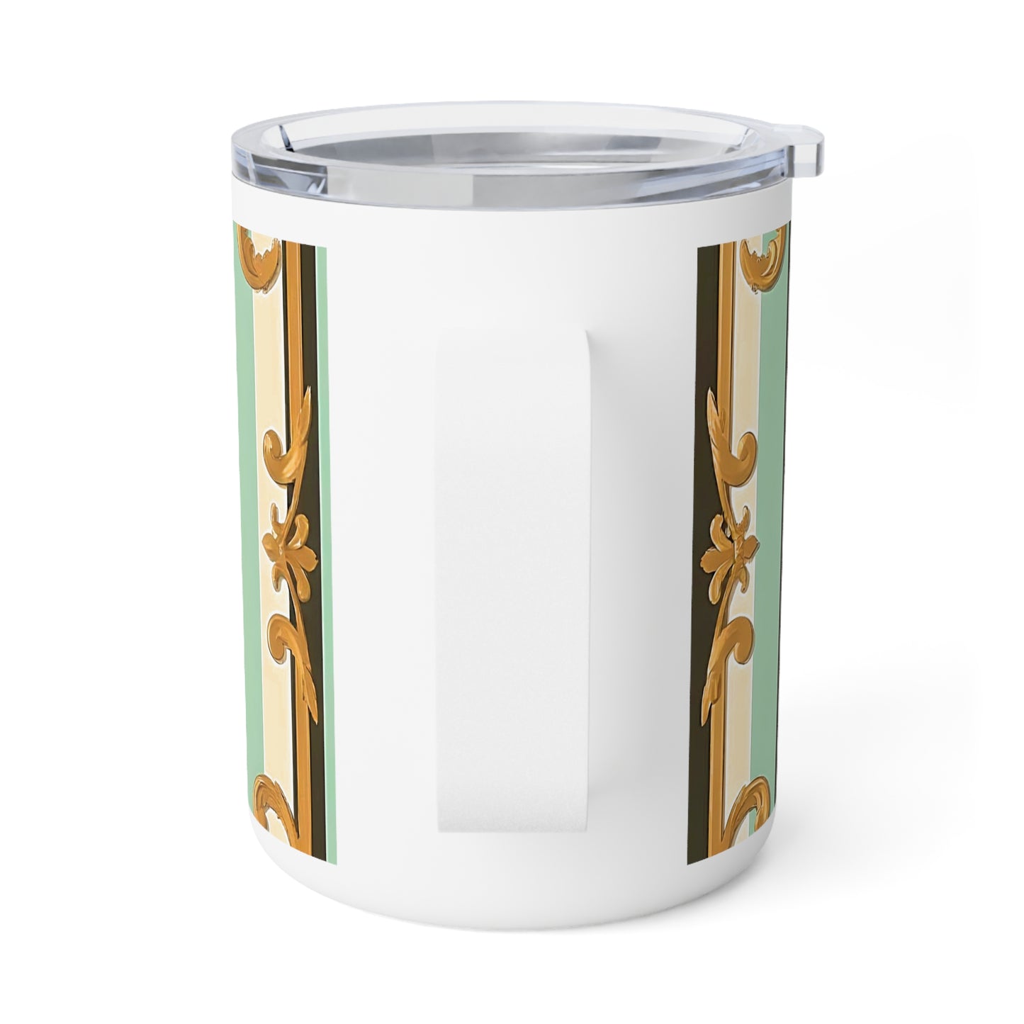 Elegant Insulated Coffee Mug, 10oz - Stylish Hot Beverage Container for Home, Office, Gifts, Parties, or Weddings - Black & Matte Mint Striped Rococo