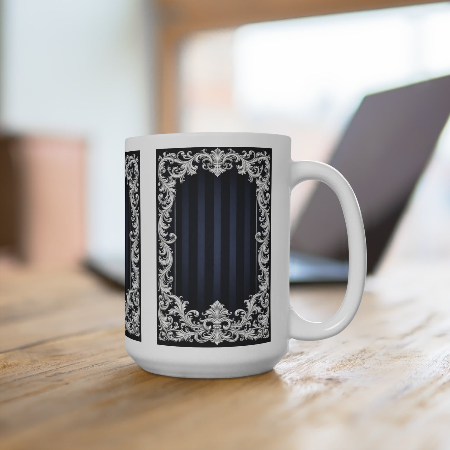 Navy Stripes & Baroque Frame 15oz Ceramic Mug — Elegant Vintage Navy Striped Coffee Cup