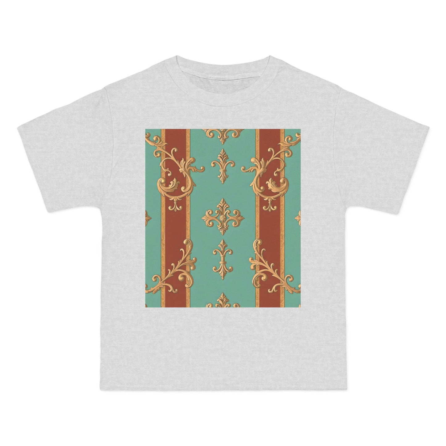 Elegant Vintage Patterned T-Shirt | Vintage Style Tee, Casual Wear, Retro Aesthetic - Rust & Mint Aqua Striped Baroque