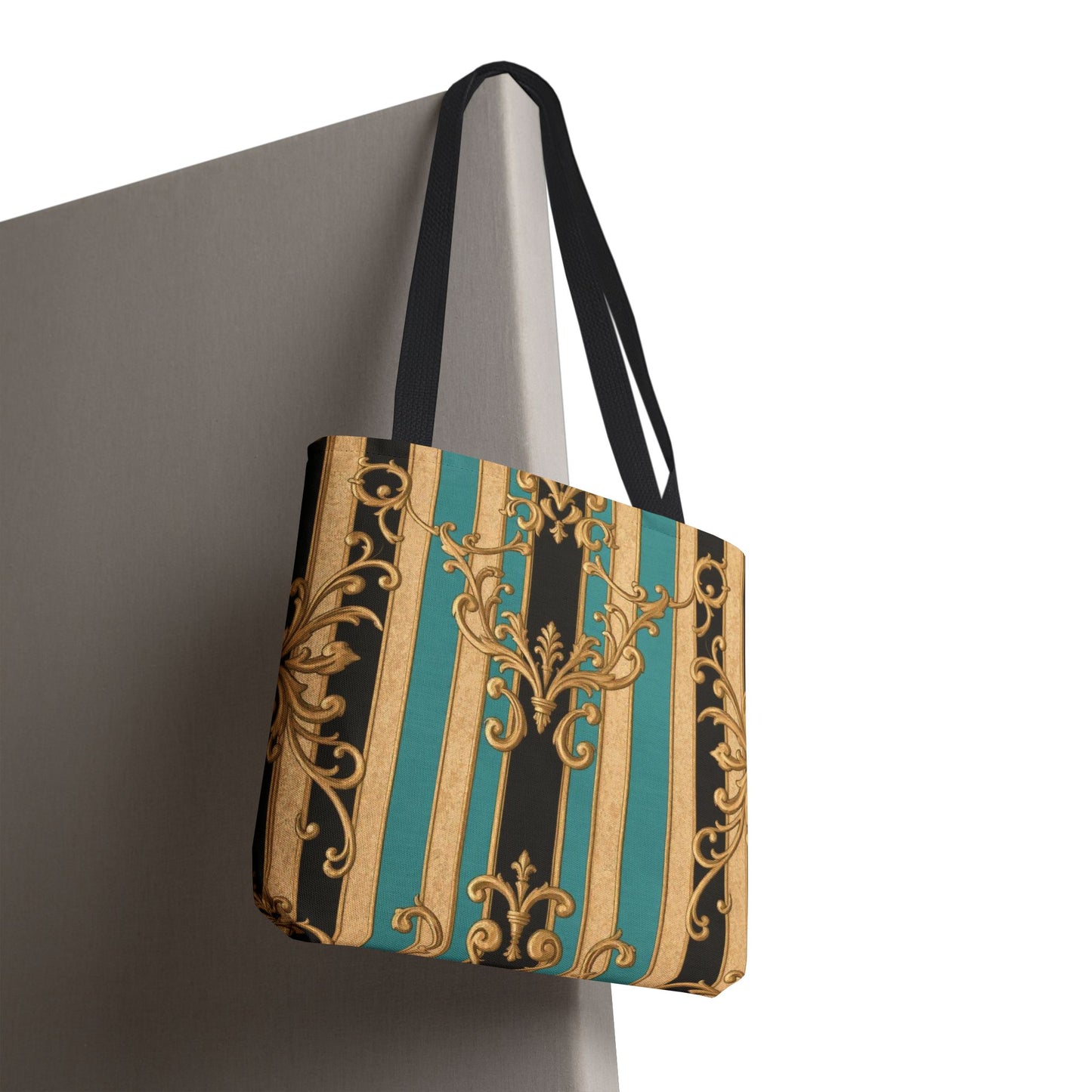 Elegant Black, Tan & Ocean Green Striped Gold Baroque Vintage Pattern Tote Bag, Stylish Carryall, Fashionable Handbag, Perfect Gift for Mother’s Day