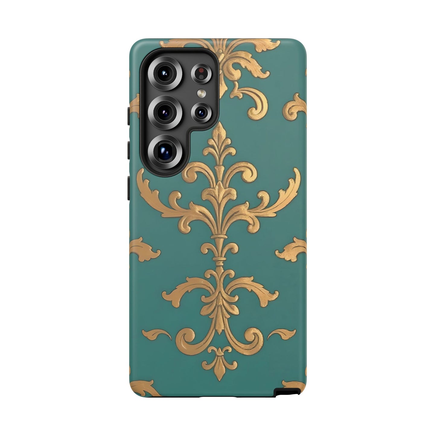 Elegant Floral Motif Phone Case - Tough Cases with Vintage Design - Aqua & Gold Damask