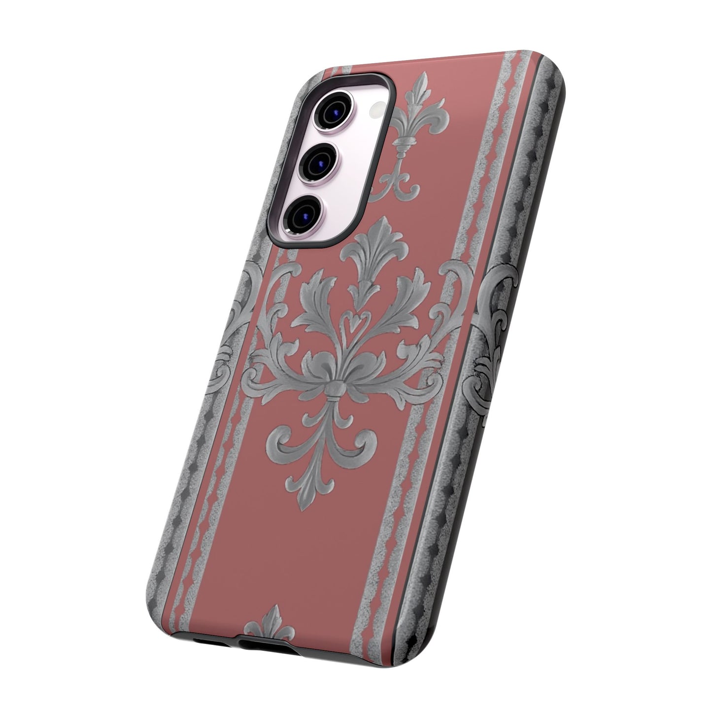 Elegant Floral Phone Case - Tough Cases for Stylish Protection - Gray & Mauve Striped Baroque