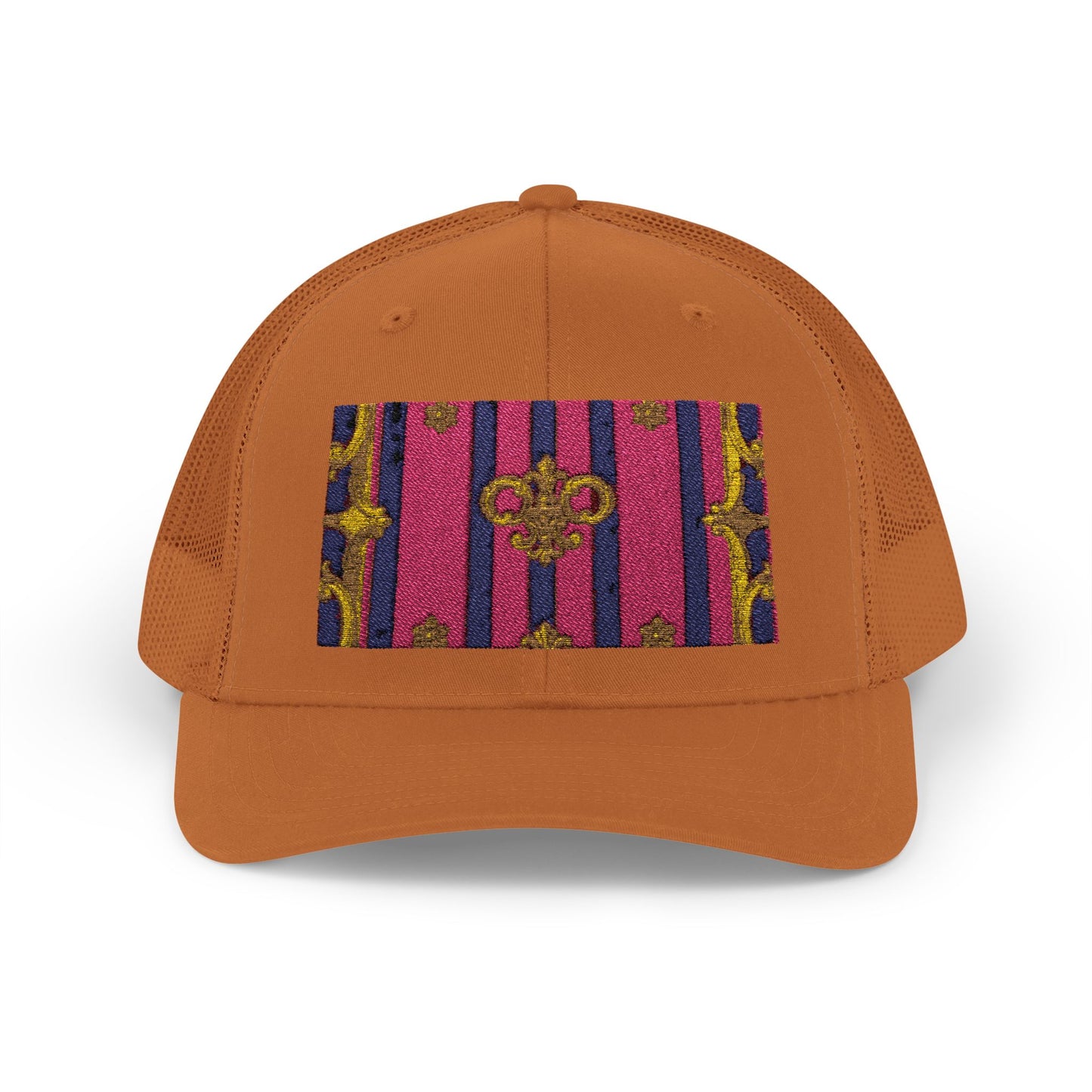 Vibrant Snapback Trucker Cap, Stylish Outdoor Hat, Trendy Fashion Accessory, Gift for Him or Her - Pink Striped Gold Baroque