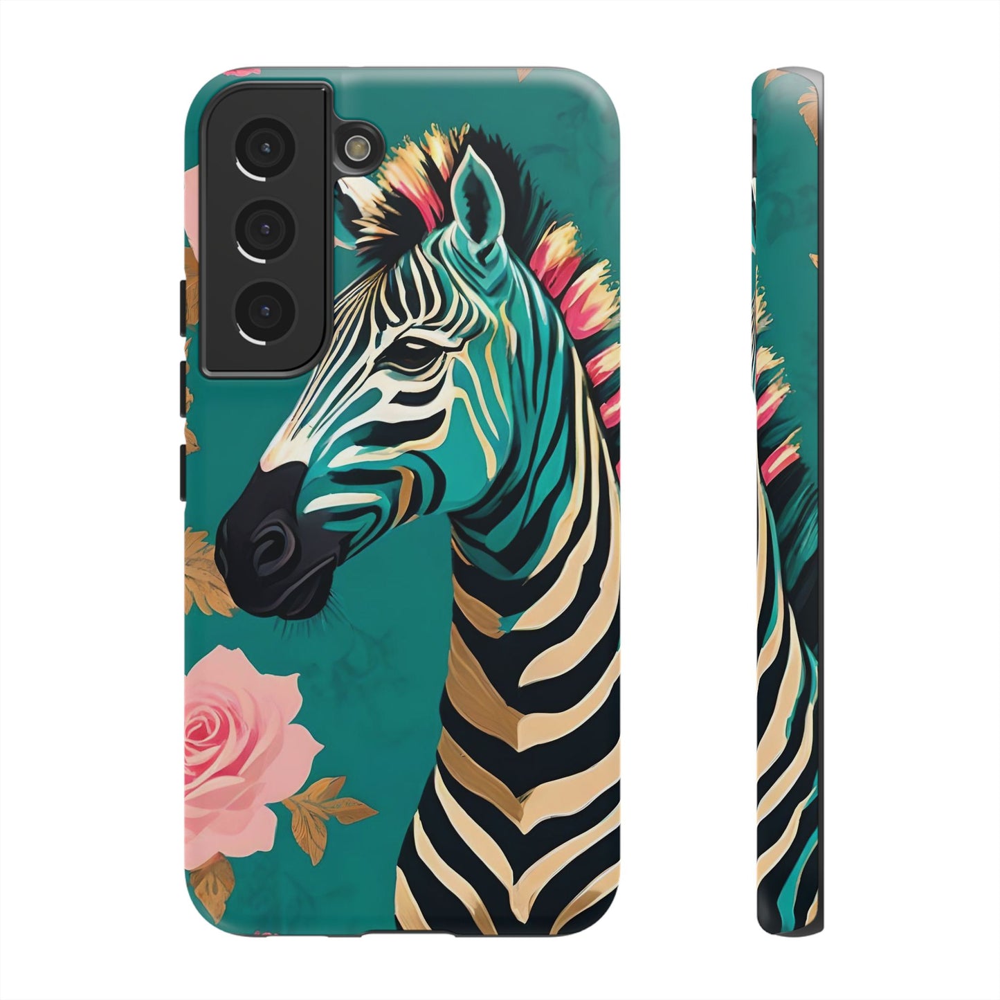Phone Case - Elegant Teal & Gold Zebra & Roses Design