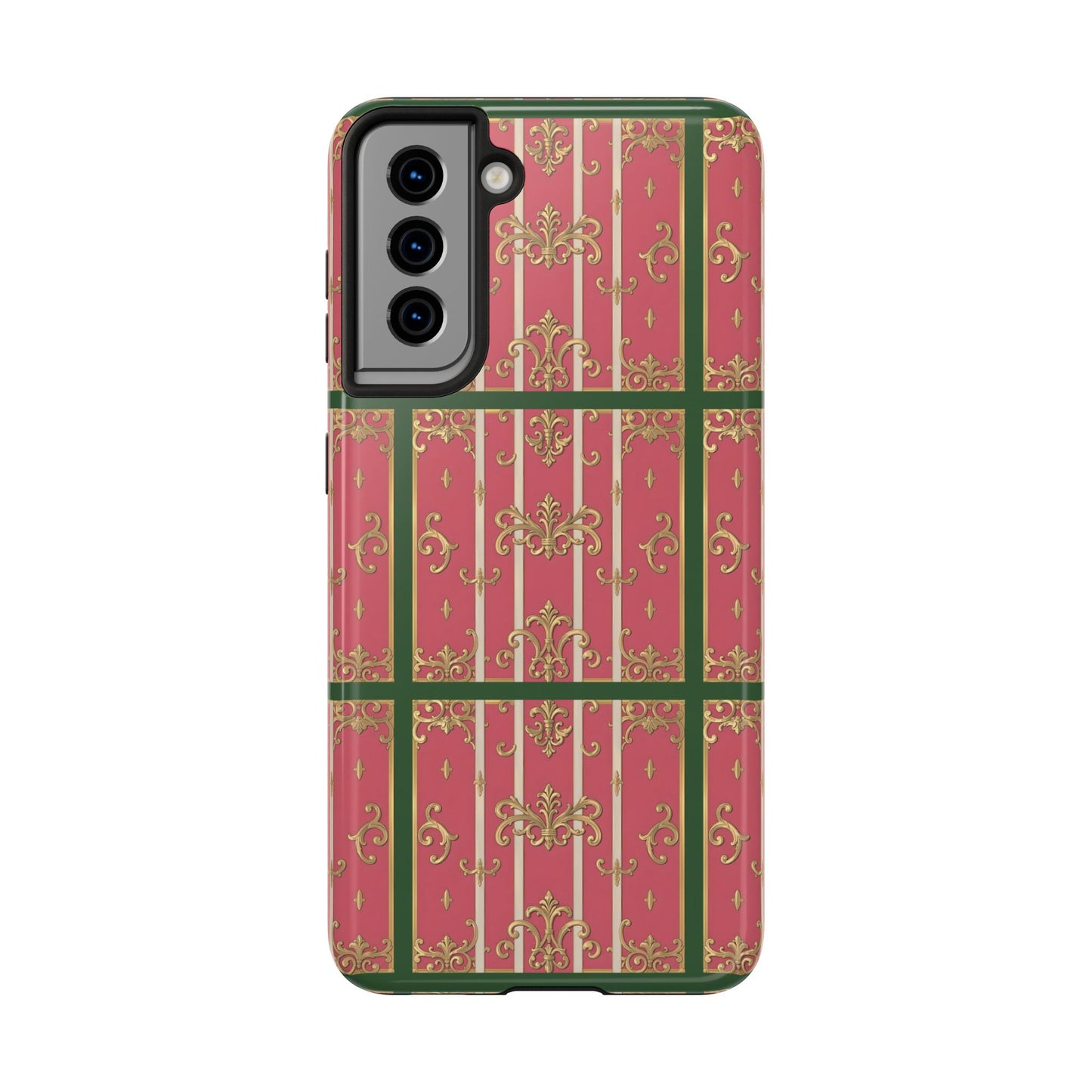 Elegant Green Border Pink Striped Baroque Phone Cases, Tough Phone Cases for Protection, Stylish Mobile Accessories, Gift for Her, Holiday Tech Gifts