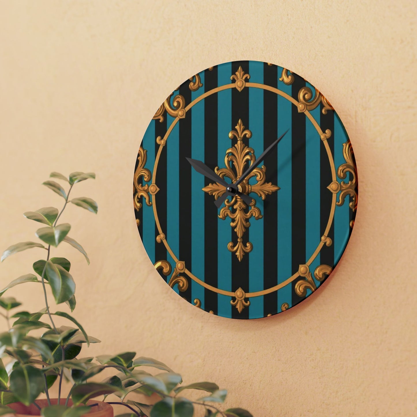 Elegant Turquoise & Black Striped Gold Baroque Acrylic Wall Clock, Gold Accents, Home Decor, Gift for Housewarming, Birthday, Stylish Wall Art