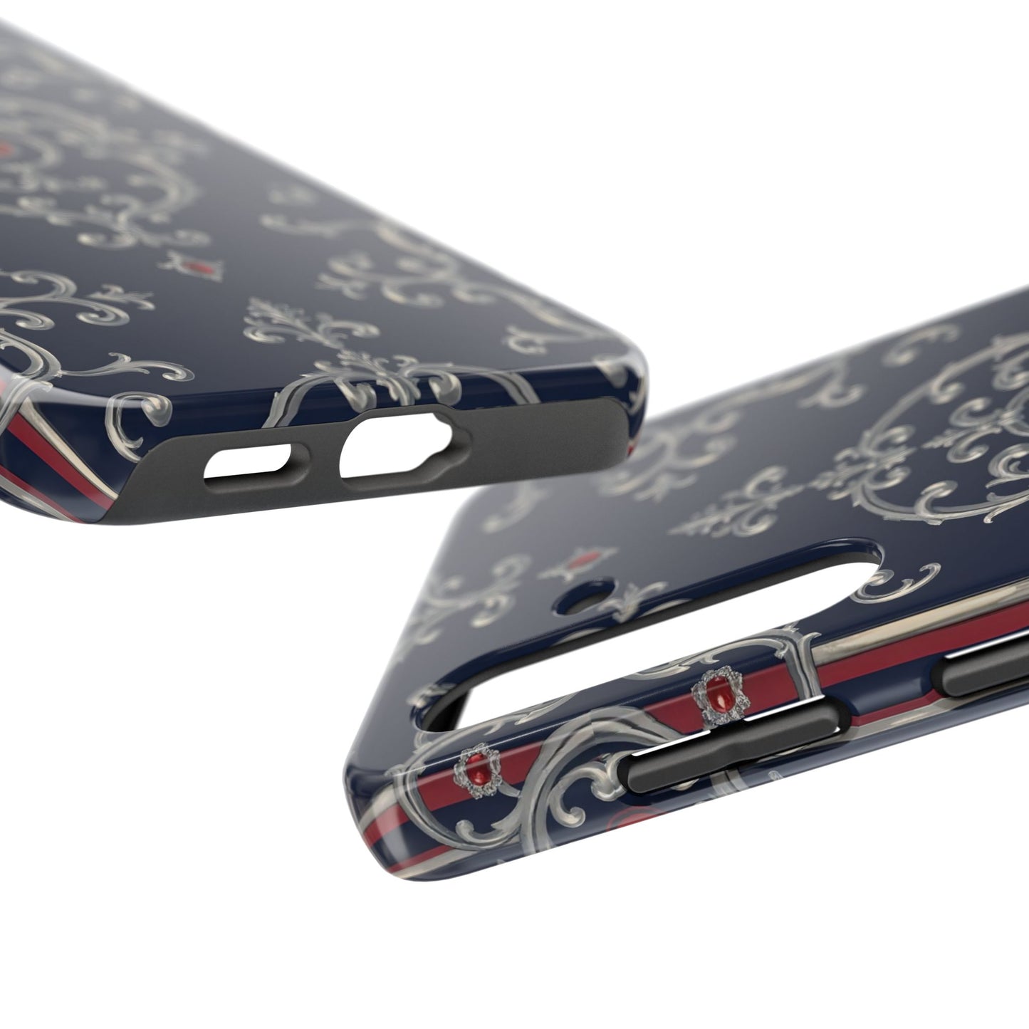 Elegant Patterned Tough Phone Cases for Stylish Protection, Gift for Her, Unique Accessories - Blue & Red Striped Silver Baroque