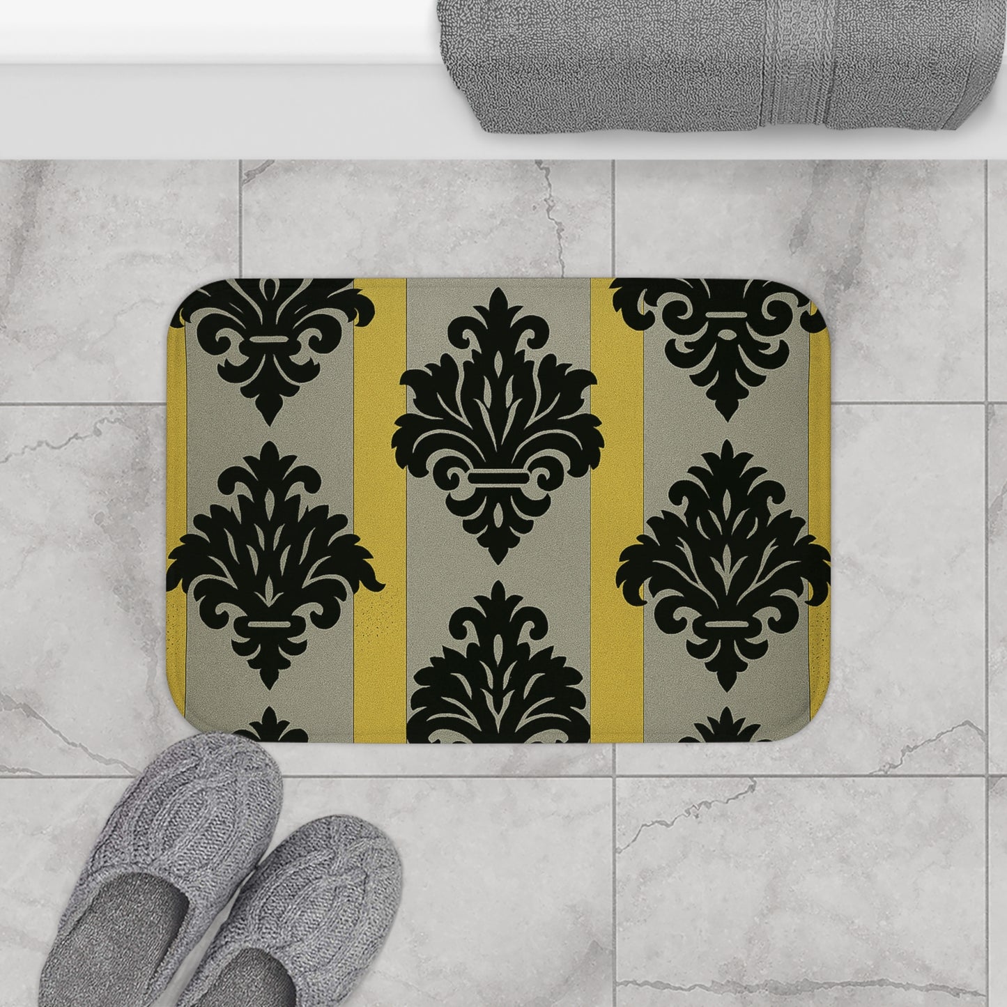 Elegant Baroque Bath Mat - Stylish Bathroom Decor, Non-Slip Mat, Gift for Home, Housewarming Gift - Silver & Gold Striped Black Baroque