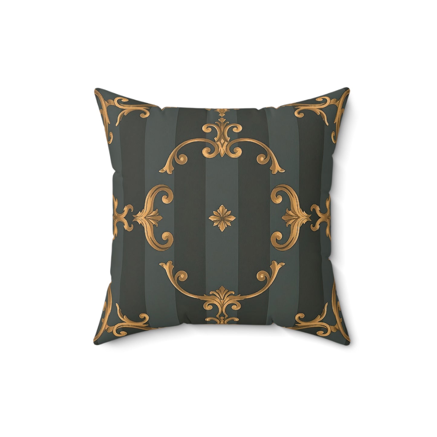 Elegant Faux Suede Square Pillow with Gold Accents - Gray Striped Baroque