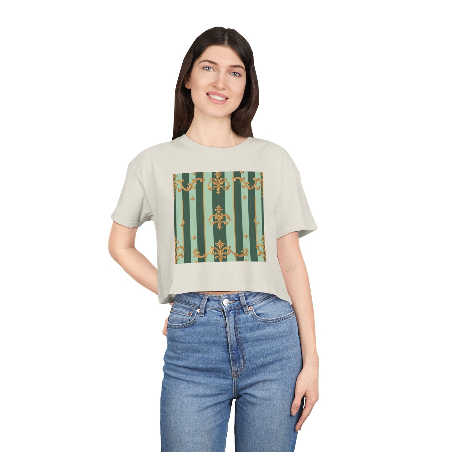 Chic Women's Crop Tee with Elegant Patterns, Fashion Top, Summer Style, Trendy Outfit, Gift for Her - Mint Green & Teal Striped Gold Baroque