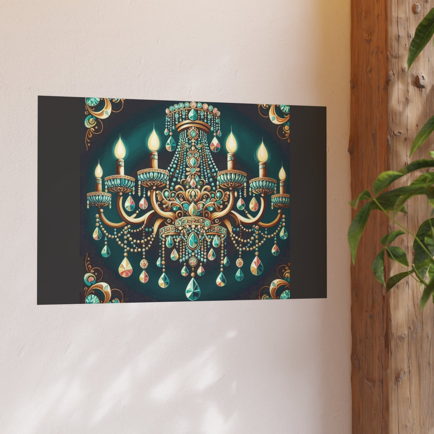 Elegant Chandelier Poster - Luxurious Wall Art for Home Décor - Teal Jeweled Chandelier