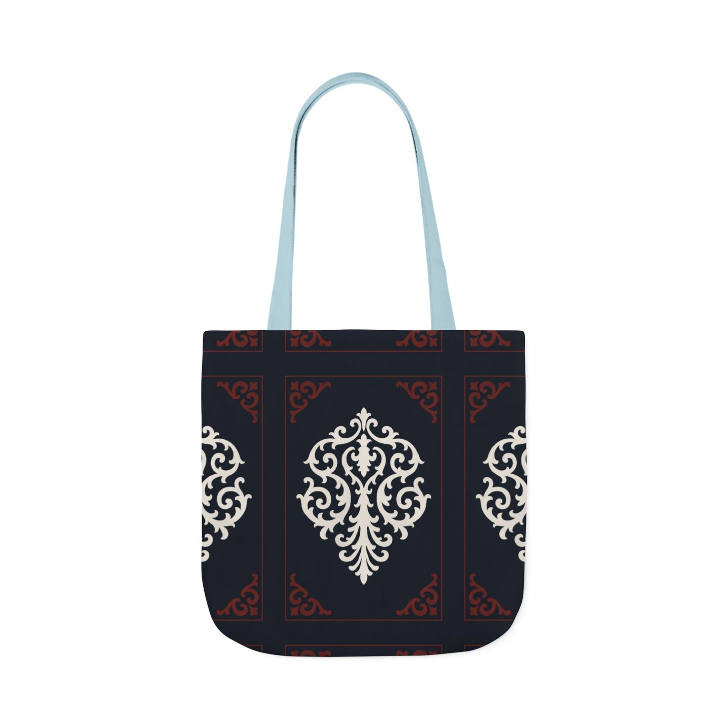 Dusk Blue-Maroon & White Baroque Pattern Canvas Tote Bag — Elegant Dusk Blue & White Reusable Market Bag