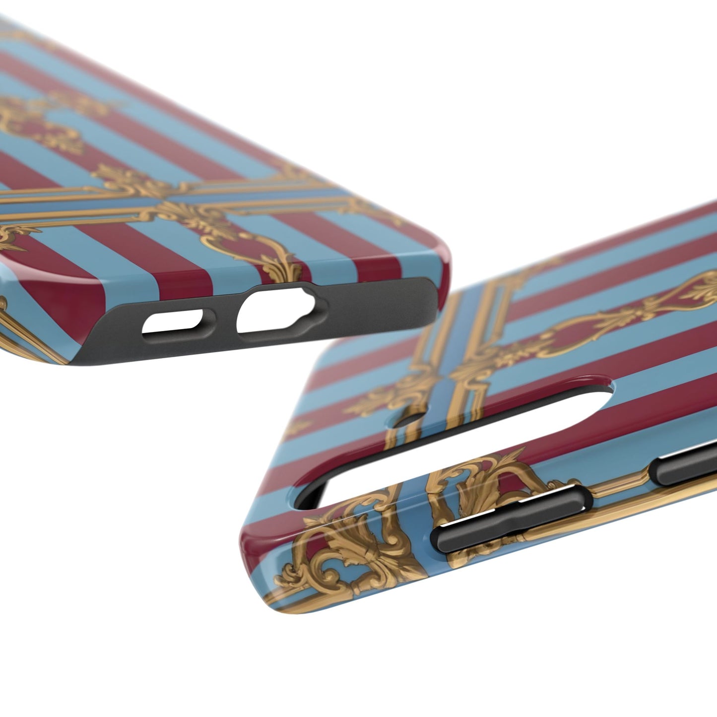 Elegant Patterned Tough Phone Cases, Stylish Phone Cover, Durable Phone Protection, Unique Gift Idea - Sky Blue & Maroon Striped Baroque