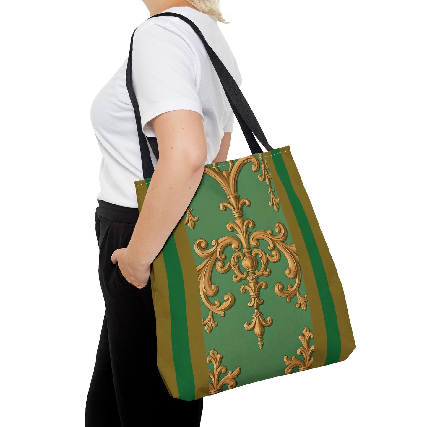 Ornate Floral Tote Bag, Chic Shopping Bag, Fashionable Eco Tote, Stylish Gift for Her, Versatile Everyday Use - Olive Green Striped Rococo