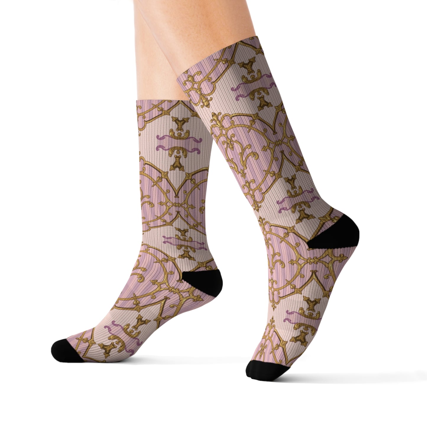 Stylish Lavender & Alabaster Striped Gold Baroque Sublimation Socks, Trendy Fashion Accessories, Gift for Her, Unique Print Socks