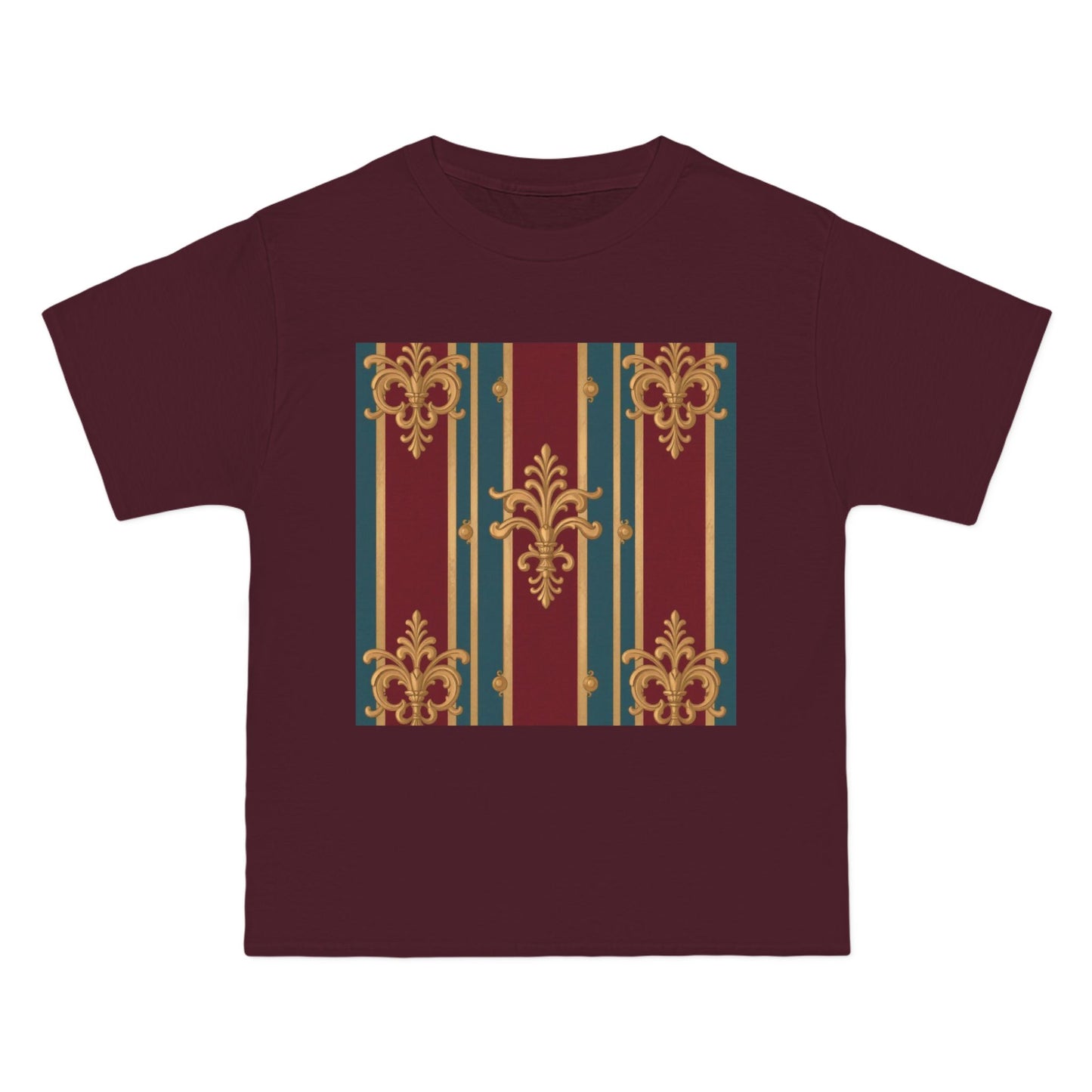 Elegant Vintage Patterned Beefy-T® Short-Sleeve T-Shirt | Casual Wear, Summer Tops, Unique Gift - Burgundy Striped Gold Baroque
