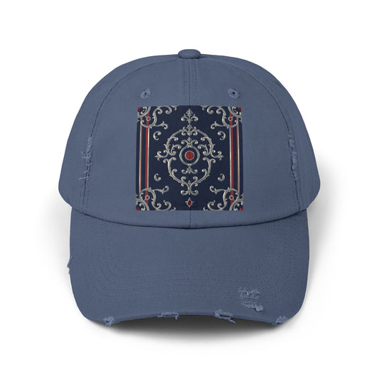 Stylish Unisex Distressed Cap with Ornate Design, Casual Hat for Outdoor Adventures, Beach Days - Blue & Red Silver Baroque