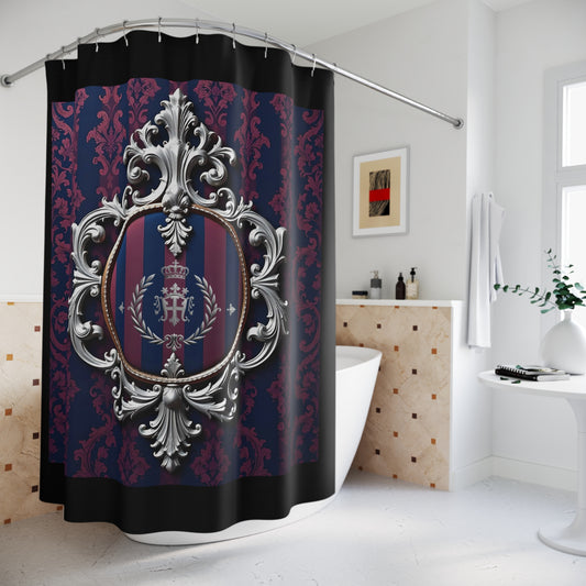 Elegant Vintage Shower Curtain | Royal Bath Decor, Bathroom Accessories, Luxurious Home - Blue & Plum Striped Silver Crest